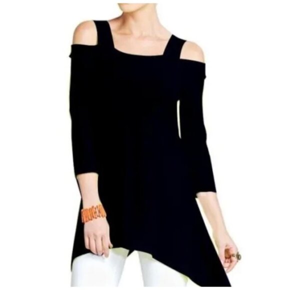 Clara SunWoo Cold Shoulder Long Sleeve Tunic Asymmetrical Hem Stretch Jersey Med - Picture 1 of 10